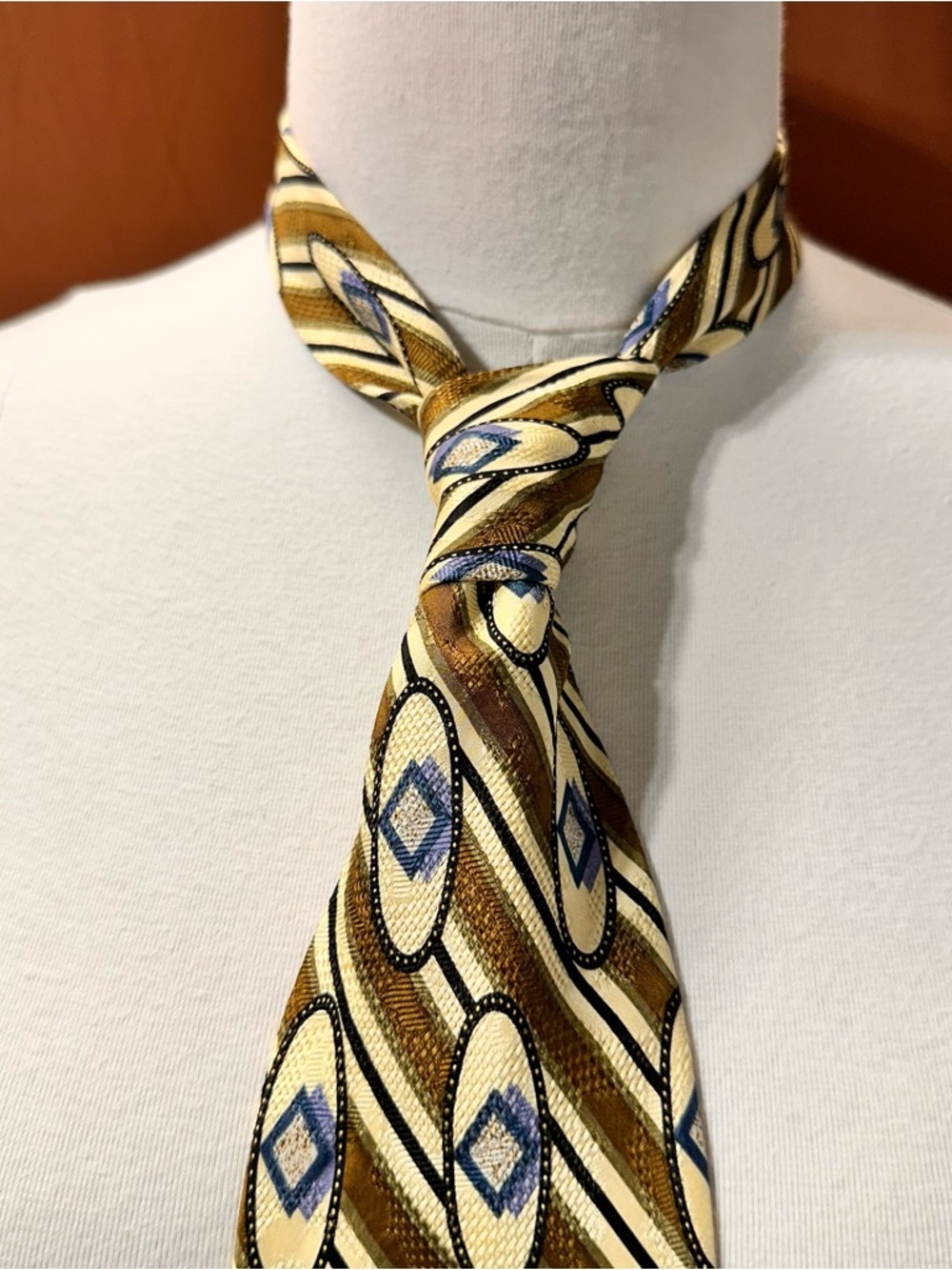 Stylish Men's Patterned Gold and Blue Tie Mr. Eddie Wilmette Zanzara Vintage